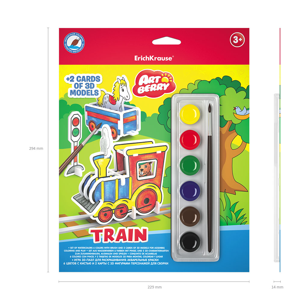 Игровой 3D пазл для раскрашивания ArtBerry Train акварель 6 цветов и 2 карты с фигурами для сборки  
